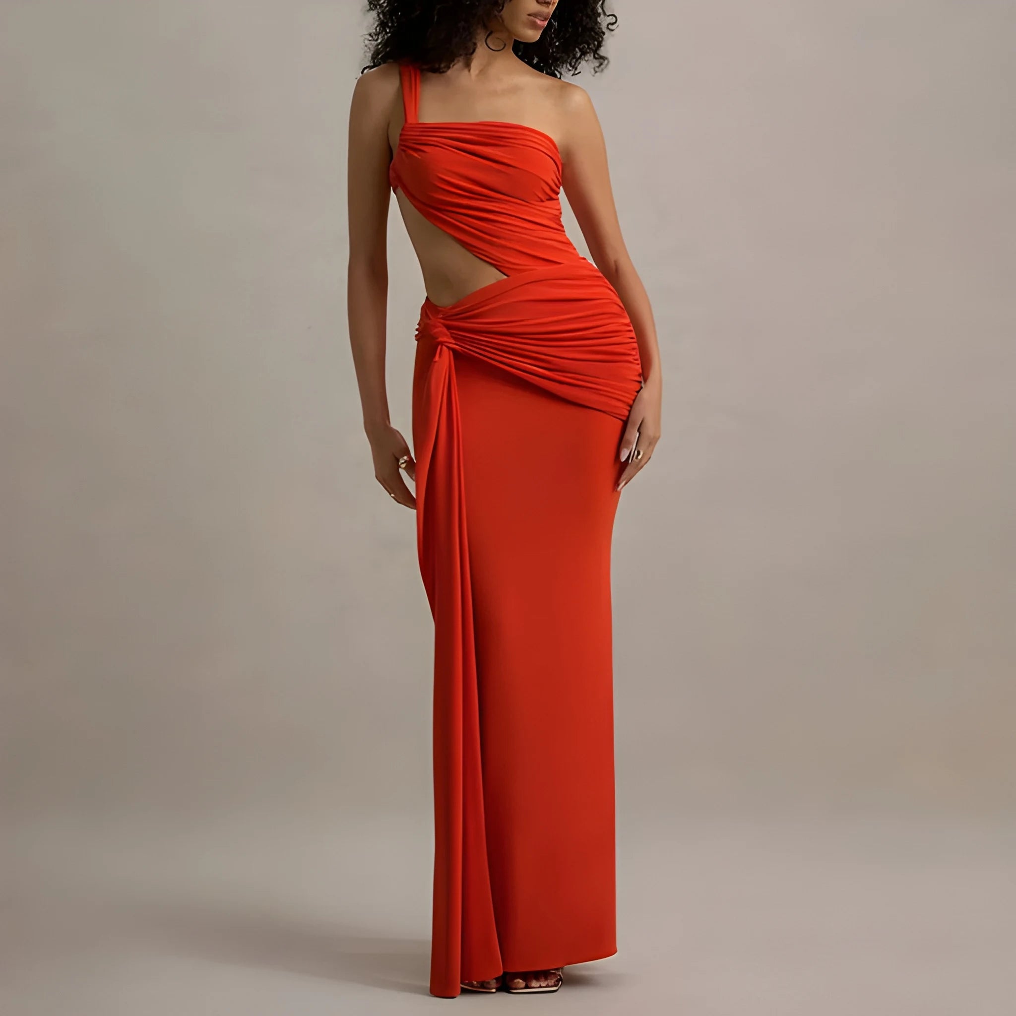 Seraphina One-Shoulder Cut-Out Maxi Dress - Orange Red