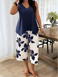 Navy Bloom Sleeveless Top & Floral Capri Pants Set